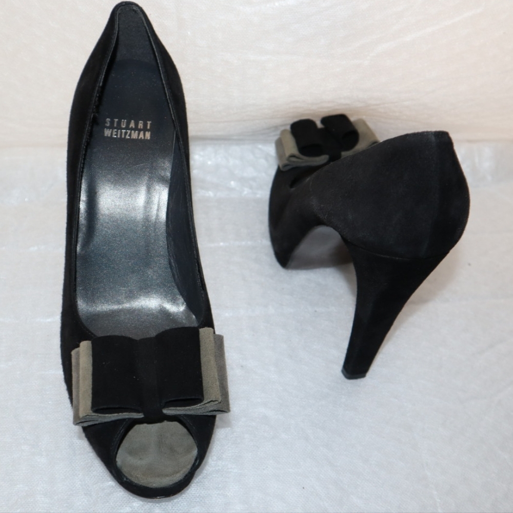 Stuart Weitzman Black and Gray Peep Toe Bow Accents Black - Picture 8 of 10